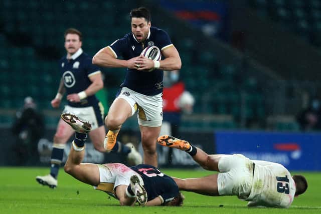 Scotland wing Sean Maitland charges upfield during the Guinness Six Nations match against England at Twickenham on February 6, 2021 in London, England. (Photo by David Rogers/Getty Images)