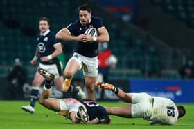 Scotland wing Sean Maitland charges upfield during the Guinness Six Nations match against England at Twickenham on February 6, 2021 in London, England. (Photo by David Rogers/Getty Images)