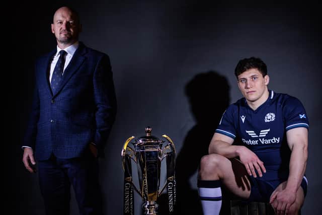 Scotland head coach Gregor Townsend and co-captain Rory Darge with the Guinness Six Nations trophy at the launch of the 2024 championship at the Guinness Storehouse in Dublin.  (Picture: ©INPHO/Dan Sheridan)