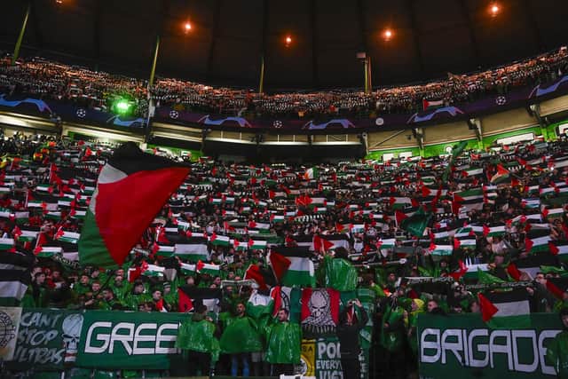 The Green Brigade hold up Palestine flags during a UEFA Champions League match against Atletico de Madrid.
