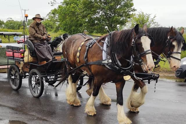 Jamie Alcock began the trip with his horses, Willam and Millie, and Boo Boo Beithe the farm dog on June 5.