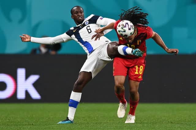 Rangers midfielder Glen Kamara, pictured in action against Belgium defender Jason Denayer, impressed for Finland in all three of their Euro 2012 finals matches. (Photo by KIRILL KUDRYAVTSEV/POOL/AFP via Getty Images)