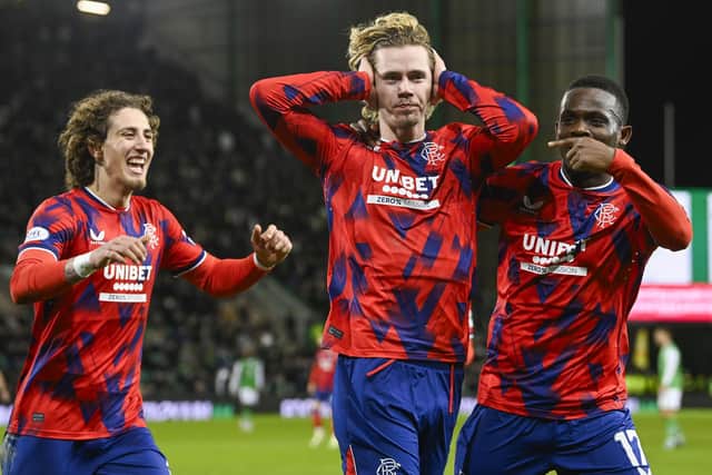 Rangers' Todd Cantwell celebrates with Rabbi Matondo and Fabio Silva after making it 2-0 over Hibs at Easter Road. (Photo by Rob Casey / SNS Group)