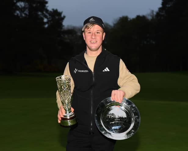 Irishman Brendan Lawlor shows off the trophies after winning the inaugural G4D Open over the Duchess Course at Woburn. Picture: Alex Burstow/R&A/R&A via Getty Images.