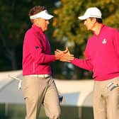 Ian Poulter and Justin Rose celebrate during the 2012 Ryder Cup at Medinah Country Club in Chicago. Picture: Mike Ehrmann/Getty Images.