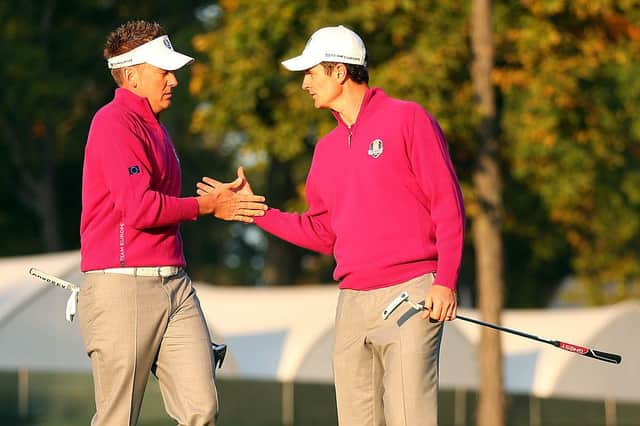 Ian Poulter and Justin Rose celebrate during the 2012 Ryder Cup at Medinah Country Club in Chicago. Picture: Mike Ehrmann/Getty Images.