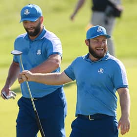 Jon Rahm and Tyrrell Hatton celebrate during last year's Ryder Cup at Marco Simone Golf Club in Rome. Picture: Ross Kinnaird/Getty Images.