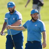 Jon Rahm and Tyrrell Hatton celebrate during last year's Ryder Cup at Marco Simone Golf Club in Rome. Picture: Ross Kinnaird/Getty Images.