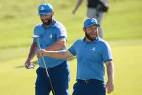 Jon Rahm and Tyrrell Hatton celebrate during last year's Ryder Cup at Marco Simone Golf Club in Rome. Picture: Ross Kinnaird/Getty Images.