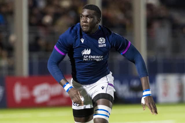 Olujare Oguntibeju in action for Scotland Under-20s during a U20 Six Nations match against England at the DAM Health Stadium in 2022. (Photo by Ross Parker / SNS Group)