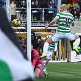 Daizen Maeda nods home Celtic's opener against Livingston from a corner which was awarded incorrectly. (Photo by Paul Devlin / SNS Group)