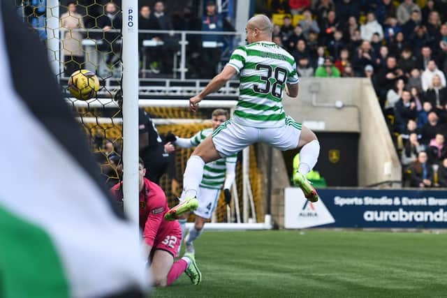 Daizen Maeda nods home Celtic's opener against Livingston from a corner which was awarded incorrectly. (Photo by Paul Devlin / SNS Group)