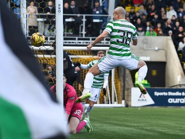 Daizen Maeda nods home Celtic's opener against Livingston from a corner which was awarded incorrectly. (Photo by Paul Devlin / SNS Group)