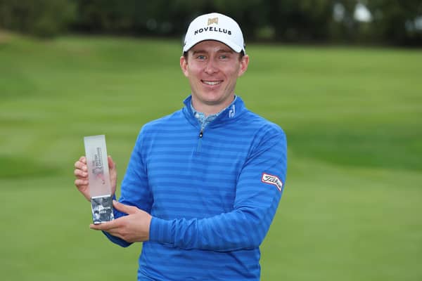 Euan Walker shows off the trophy after winning the British Challenge presented by Modest! Golf Management at St. Mellion Estate in Cornwall. Picture: Luke Walker/Getty Images.