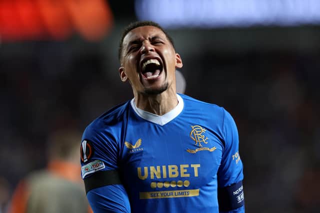 GLASGOW, SCOTLAND - MAY 05: James Tavernier of Rangers celebrates victory in the UEFA Europa League Semi Final Leg Two match between Rangers and RB Leipzig at Ibrox Stadium on May 05, 2022 in Glasgow, Scotland. (Photo by Ian MacNicol/Getty Images)