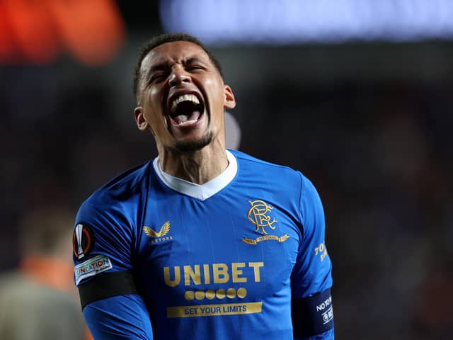 GLASGOW, SCOTLAND - MAY 05: James Tavernier of Rangers celebrates victory in the UEFA Europa League Semi Final Leg Two match between Rangers and RB Leipzig at Ibrox Stadium on May 05, 2022 in Glasgow, Scotland. (Photo by Ian MacNicol/Getty Images)