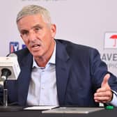 PGA Tour commissioner Jay Monahan addresses the media during a press conference prior to the Travelers Championship at TPC River Highlands in Cromwell, Connecticut. Picture: Michael Reaves/Getty Images.
