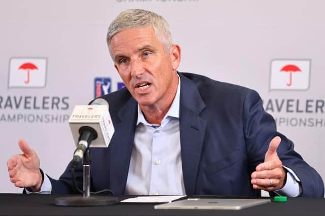 PGA Tour commissioner Jay Monahan addresses the media during a press conference prior to the Travelers Championship at TPC River Highlands in Cromwell, Connecticut. Picture: Michael Reaves/Getty Images.