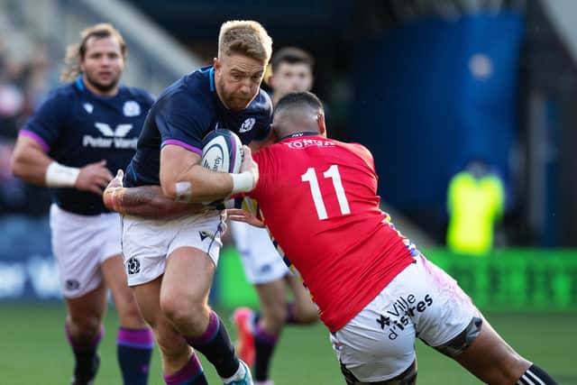 Walter Fifita tackles his Glasgow Warriors team-mate Kyle Steyn during the Autumn Nations Series match between Scotland and Tonga in October. (Photo by Ross Parker / SNS Group)