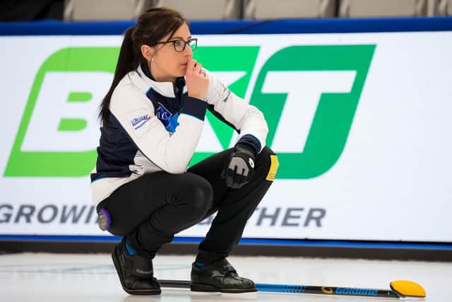 Eve Muirhead ponders her next move during Scotland's match against Korea at the LGT World Women's Curling Championship. Picture: Steve Seixeiro/WCF