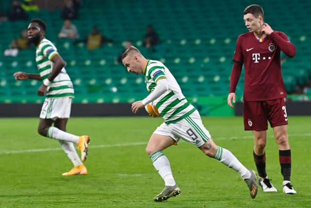 Leigh Griffiths grabs the ball to return to centre after firing Celtic back into their Europa League clash with Sparta Prague. Picture: SNS