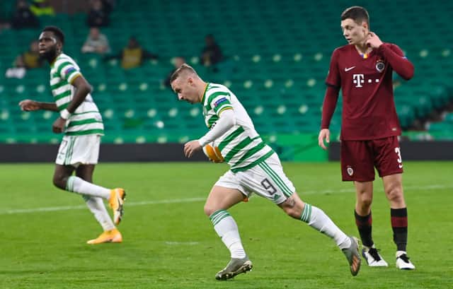 Leigh Griffiths grabs the ball to return to centre after firing Celtic back into their Europa League clash with Sparta Prague. Picture: SNS