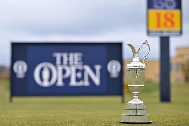 The Claret Jug, the trophy for the Champion Golfer of the Year, is pictured on the 18th Tee, during a preview ahead of the 150th British Open Golf Championship at The Old Course at St. Andrews in Scotland on April 26, 2022.