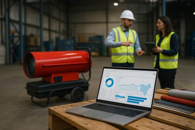 FlexiHeat UK staff review a portable warehouse heater while tracking online analytics—symbolising the firm’s new partnership with Digitaleer to amplify its digital reach across the UK.