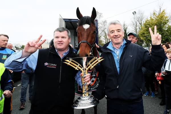 Trainer Gordon Elliott (left), pictured with Tiger Roll owner Michael O'Leary, has said he “cannot apologise enough”. Picture: Brian Lawless/PA Wire