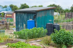 A garden shed with compost and water bins