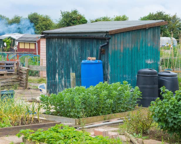 A garden shed with compost and water bins