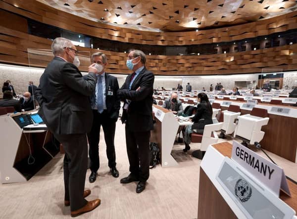 Delegates are seen during a meeting of the review conference of the Convention on Certain Conventional Weapons, (CCW) focussing on lethal autonomous weapons systems (killer robots)  at the United Nations in Geneva last year.