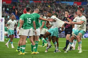 Damian Willemse of South Africa is held back by team-mate Pieter-Steph Du Toit during the match against Ireland.