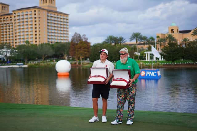 John Daly and his son, also John, celebrate after winning the PNC Championship on their sixth apperance in the event. Picture: Brian Williams