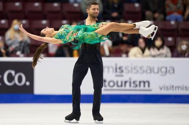 Lilah Fear and Lewis Gibson compete in the rhythm dance of the ISU Grand Prix Skate Canada International figure skating event in Ontario, in October.