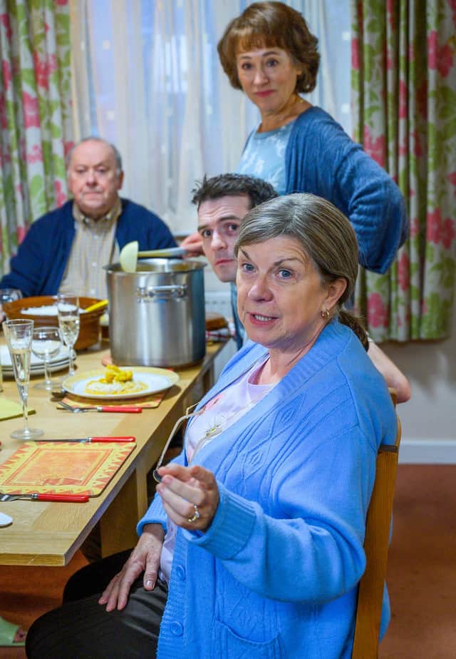 It's curry night in Two Doors Down and even with a dodgy tummy Christine (Elaine C. Smith) won't pass up a free meal