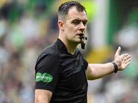 Referee Don Robertson was called out by Hearts manager Robbe Neilson and his defender Toby Sibbick for missing a Callum McGregor foul on the Tynecastle player in the lead-up to Celtic's equalising first goal. (Photo by Rob Casey / SNS Group)