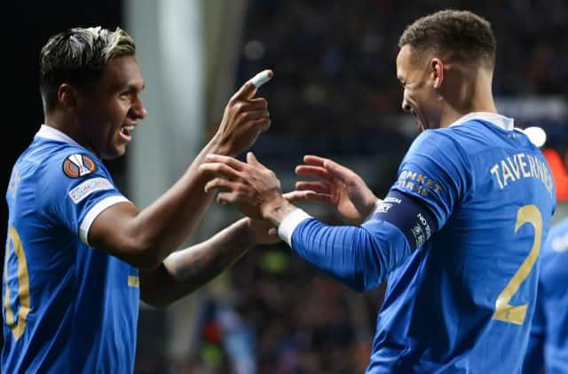 Alfredo Morelos (left) celebrates with Rangers captain James Tavernier after the Ibrox side's second goal against Borussia Dortmund on Thursday. (Photo by Alan Harvey / SNS Group)