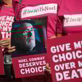 Supporters of the campaign group Dignity in Dying protest in support of Noel Conway, 67, who is terminally ill with motor neurone disease and wants laws banned assisted dying to be changed (Picture: Jack Taylor/Getty Images)