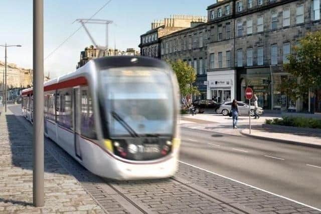 An artist's impression of a tram on Leith Walk