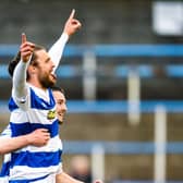 Morton striker Robbie Muirhead celebrates the opening goal at Cappielow which put his team firmly in control of the Championship play-off final against Airdrieonians.  (Photo by Ross MacDonald / SNS Group)