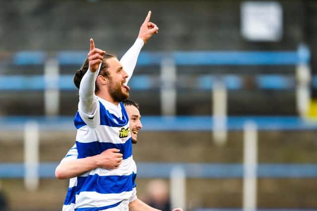 Morton striker Robbie Muirhead celebrates the opening goal at Cappielow which put his team firmly in control of the Championship play-off final against Airdrieonians. (Photo by Ross MacDonald / SNS Group)