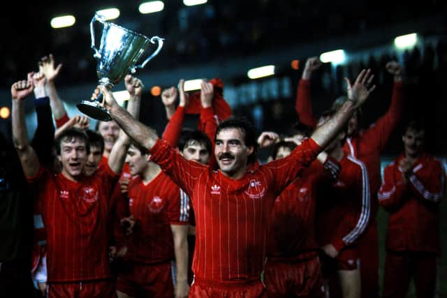 A now iconic image - Aberdeen skipper Willie Miller lifts the European Cup Winners Cup aloft on 11 May 1983 after victory over Real Madrid in Gothenburg