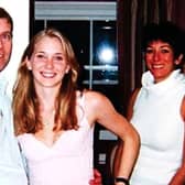 Picture reprotedly showing Prince Andrew, Virginia Roberts, aged 17, and Ghislaine Maxwell at Ghislaine Maxwell's townhouse in London, Britain on March 13 2001