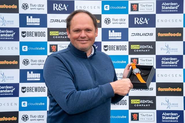 Jamie McLeary shows off his new Enoksen watch, which was part of his prize for winning the St Andrews Classic on the new Tartan Pro Tour. Picture: Kenny Smith