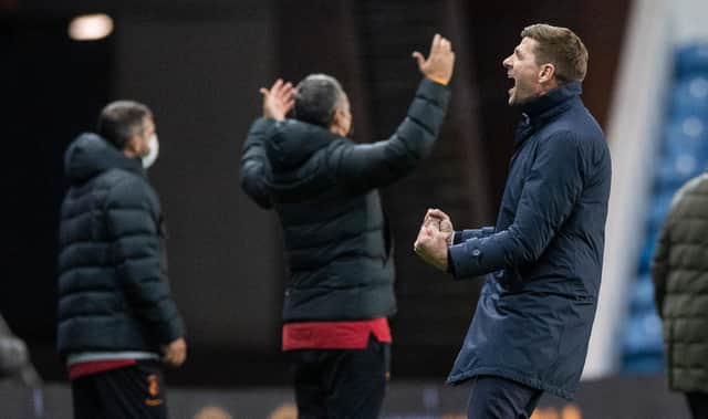 Rangers manager Steven Gerrard celebrates at full time during the UEFA Europa League Qualifier between Rangers and Galatasaray at Ibrox Stadium, on October 1, 2020, in Glasgow, Scotland. (Photo by Alan Harvey / SNS Group)