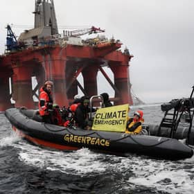 A Greenpeace boat alongside the BP-chartered Transocean 'The Paul B Loyd Jr' rig en route to the Vorlich field in the North Sea. Picture: Greenpeace