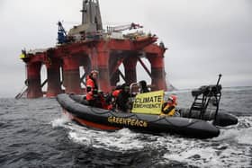 A Greenpeace boat alongside the BP-chartered Transocean 'The Paul B Loyd Jr' rig en route to the Vorlich field in the North Sea. Picture: Greenpeace