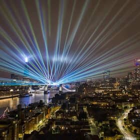 A laser show replaced the usual New Years Eve firework display by Tower Bridge due to the coronavirus restrictions on January 1, 2021 in London