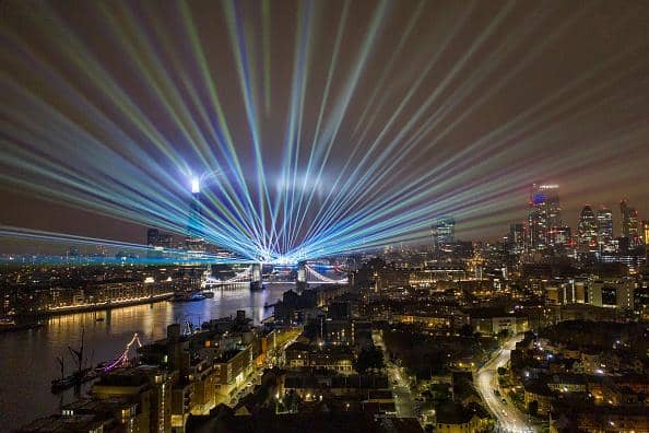 A laser show replaced the usual New Years Eve firework display by Tower Bridge due to the coronavirus restrictions on January 1, 2021 in London